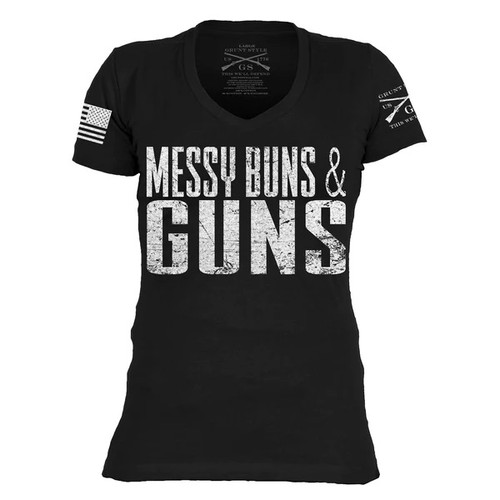 GRUNT STYLE-MESSY BUNS & GUNS WOMEN'S V-NECK-BLACK
