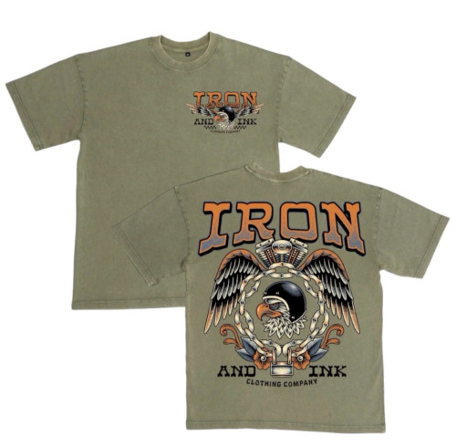 IRON & INK | Moto Eagle Acid Wash Oversized S/S Tee | Green