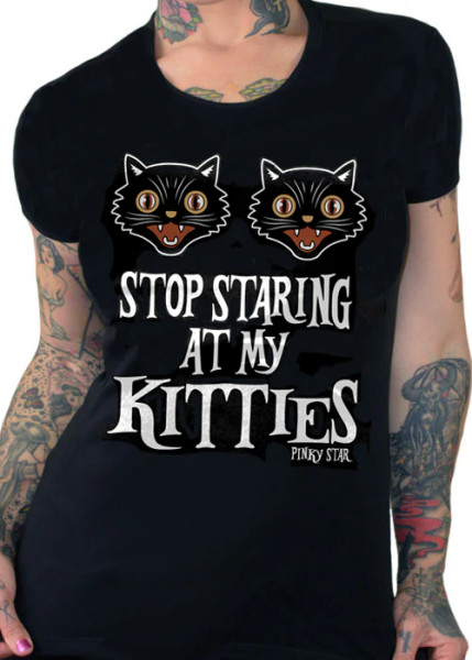 PINKY STAR | Stop Staring At My Kitties Women's Tee | Black