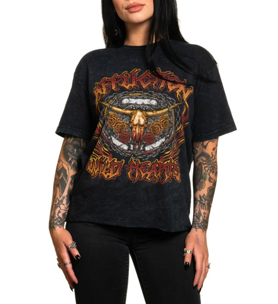 AFFLICTION | Wild Hearts Flame S/S Fringe Tee | Black Lava Wash