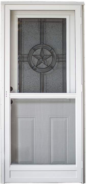 925 Series Cordell Combination Door Heavy Duty Size 34"X76" 2 Panel Style Texas Star Decorative Glass with Standard Storm