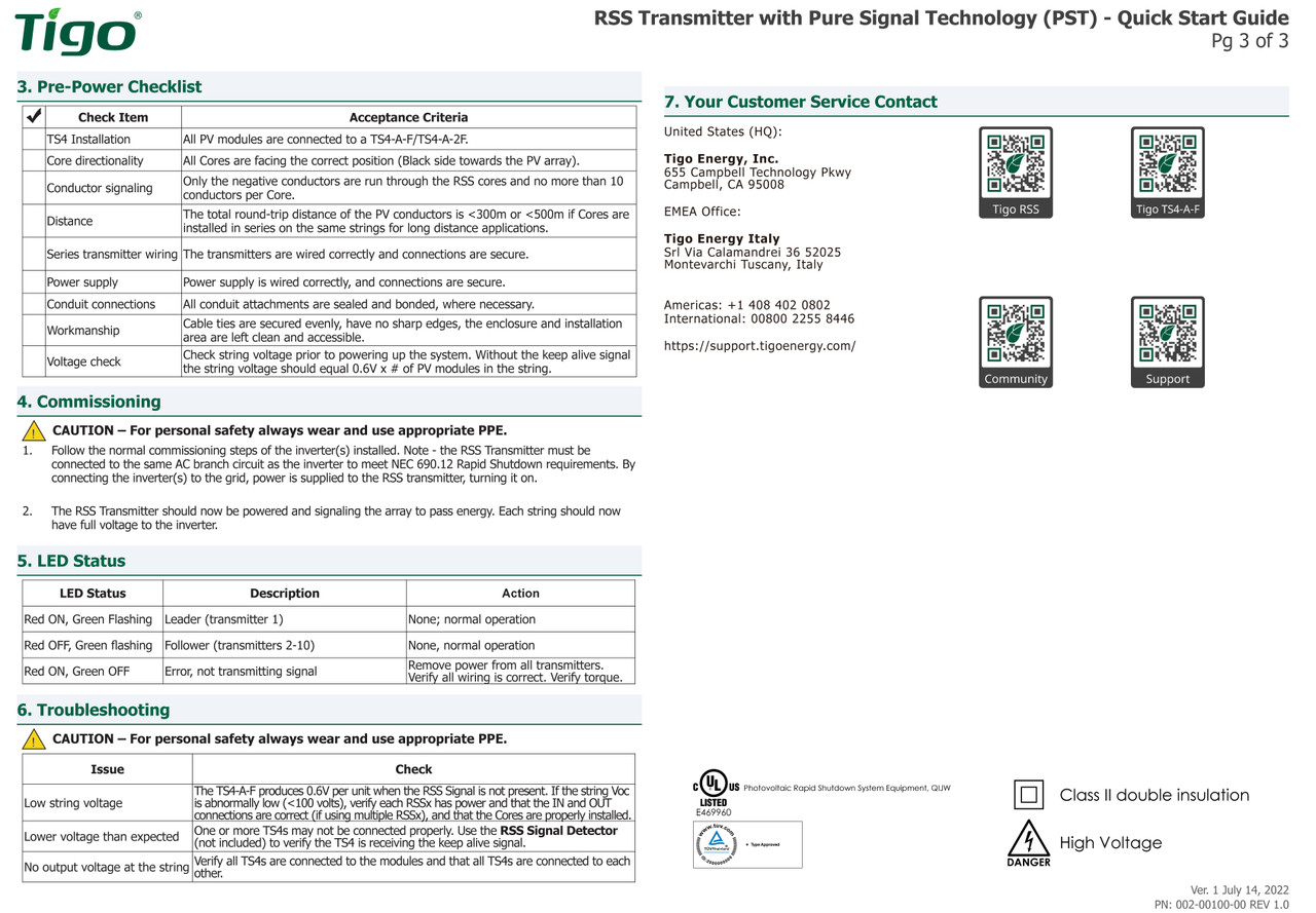 Stellavolta Tigo 4920000051 RSS Transmitter Kit Single Core Outdoor