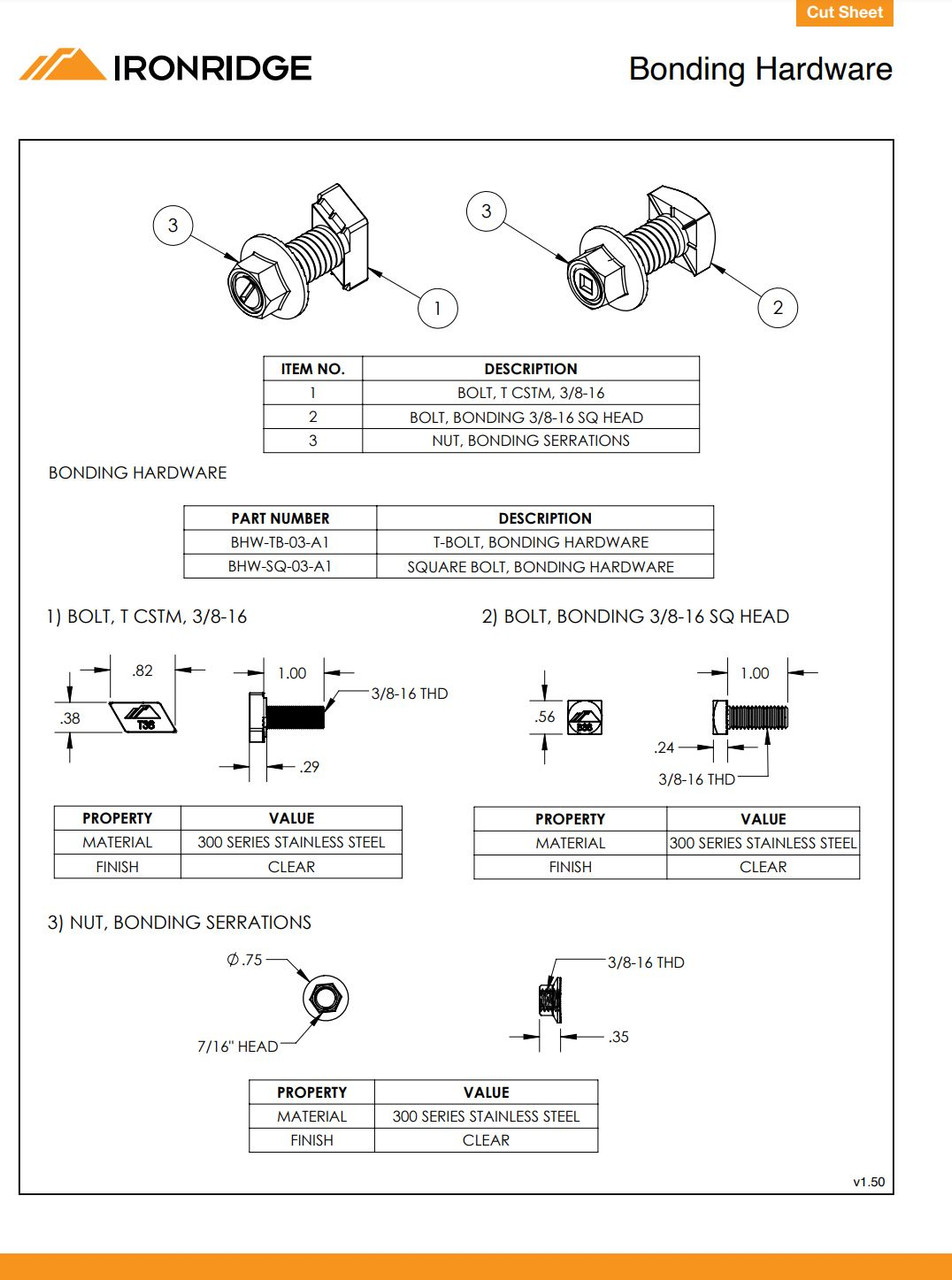 Stellavolta: IronRidge BHW-SQ-03-A1 T-Bolt Bonding Hardware