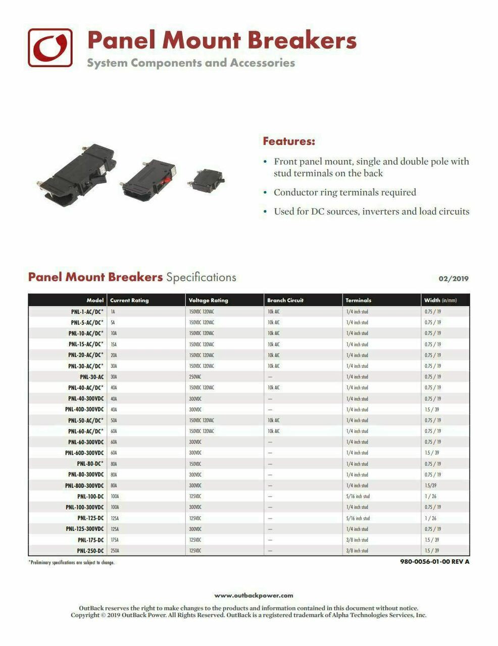 175 A Panel Stellavolta: OutBack Power PNL-175-DC Panel Mount Circuit Breaker 175A