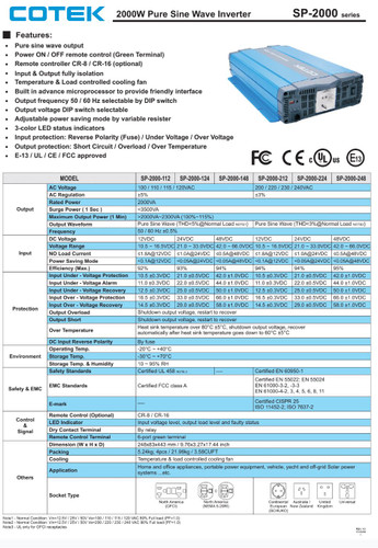 Cotek SP-2000-112 Pure Sine Wave Inverter 12VDC 120VAC