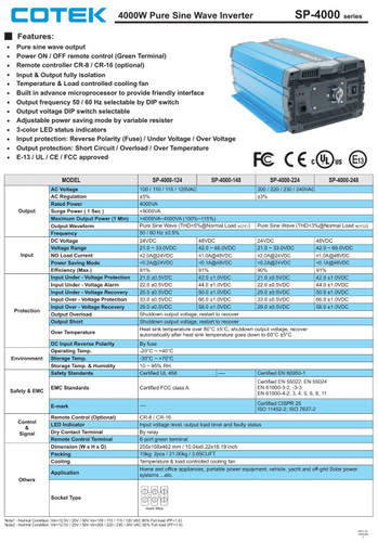 Cotek SP-4000-148 Pure Sine Wave Inverter 120VAC 48VDC