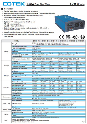 Cotek SD3500-124 HARDWIRE, UL Pure Sine Wave Inverter