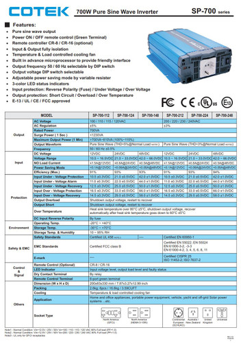 Cotek SP-700-148 Pure Sine Wave Inverter 120VAC 48VDC 700W