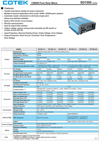 Cotek SD1500-148 GFCI Pure Sine Wave Inverter 48VDC 120VAC