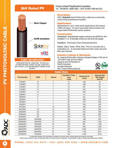 ADC PV Wire 500FT Spool Single-Jacket 8AWG 19-Strand 2000VDC UL4703 Black