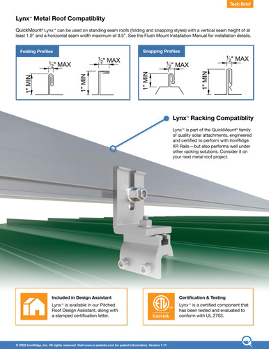 IronRidge QM-LYNX-SS Standing Seam Metal Roof Clamp