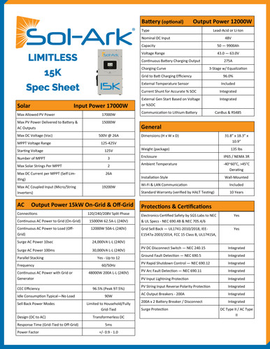 Sol-Ark 15K Hybrid Inverter Stackable Solar Generator 48VDC