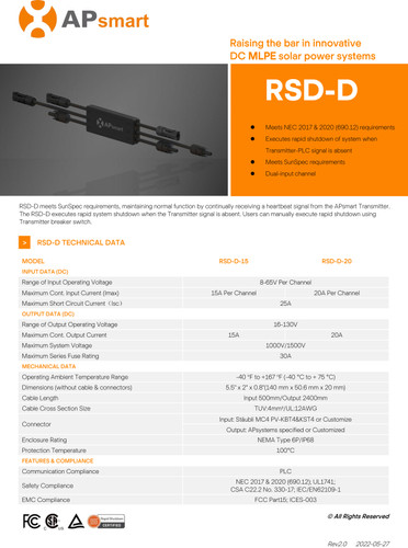 APSystems APsmart RSD-D-15 PV Module Rapid Shutdown Device