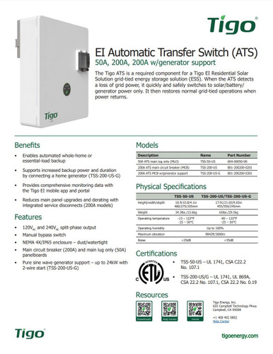 Tigo TSS-200-US-G Automatic Transfer Switch ATS 200A