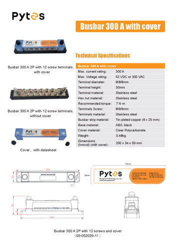 PYTES Energy 300A Bus Bar with Cover 52VDC/300VAC, 1 Pair