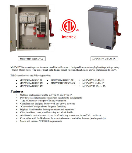 MidNite Solar MNPV4HV-DISCO 3R-DLX-20 Disconnecting Combiner