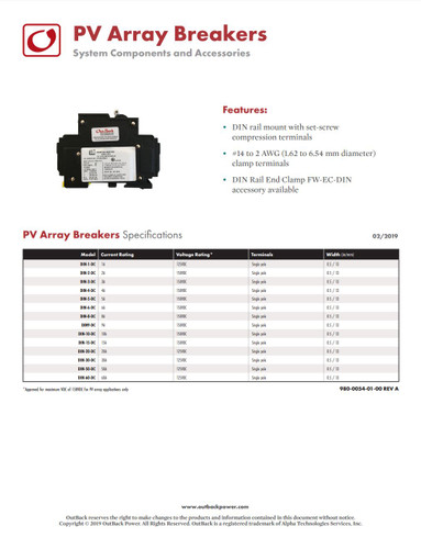 OutBack Power DIN-9-DC PV Array Circuit Breaker 9A 150V