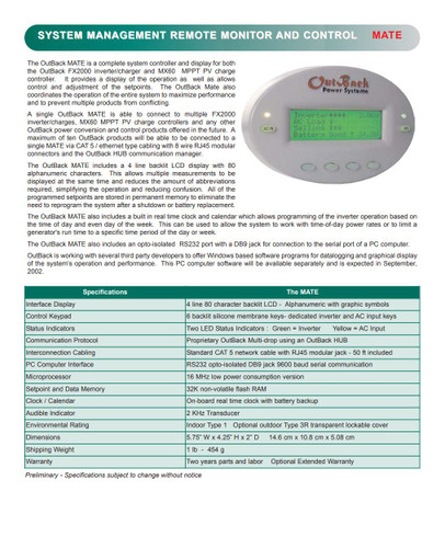 Outback Power MATE System Display and Controller