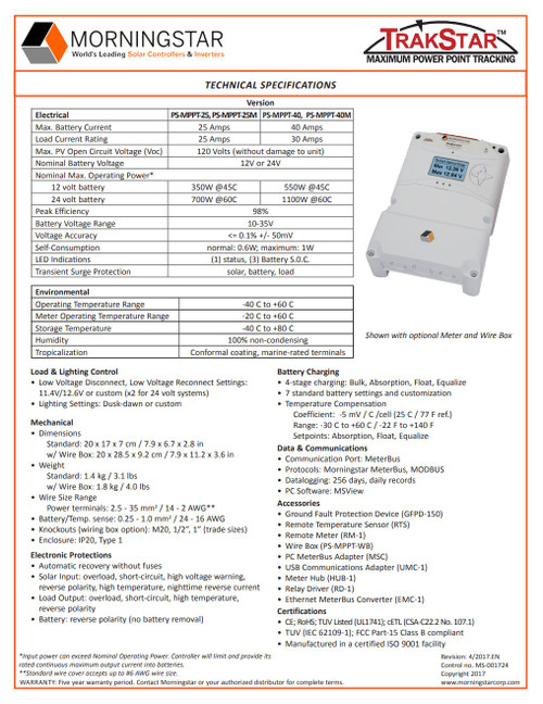 Morningstar PS-MPPT-40M ProStar Charge Controller 40A