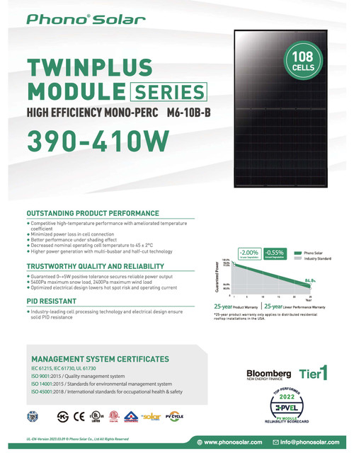 Phono Solar PS410M6H-18/VHB Twinplus Solar Panel 410W