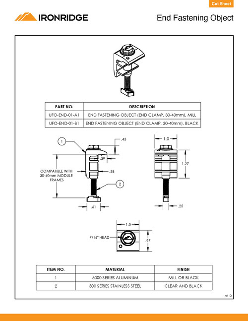 IronRidge UFO-END-01-B1 EFO End Fastening Object, Black