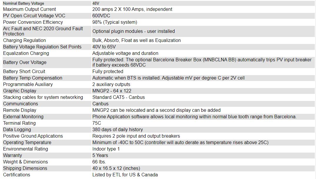 MidNite Solar MNBCLNA-PW Specifications