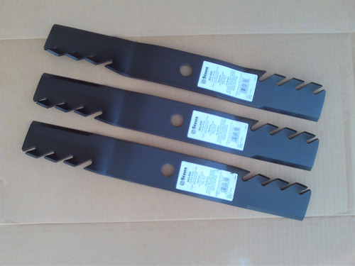 Mulching Blades for John Deere GS25, GS45, GS75, 325 to 455, ZTrak F620, 4100, 54" Cut GY20569, M113518, M115496 Blade Set of 3 toothed mulcher