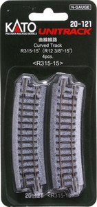 Kato ~ N Scale ~ UniTrack 315mm 12 3/8" Radius 15º Curve Track (4 pcs) ~ 20-121