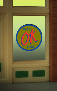 Miller Engineering ~ HO or O Scale ~ OK Used Cars Animated Window Sign ~ 9065
