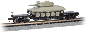 Bachmann ~ N Scale ~ 52' Center-Depressed Flat Car - Black With Green Sheridan Tank ~ 71386