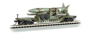 Bachmann ~ N Scale ~ 52' Center-Depressed Flat Car - Olive Drab Military With Missile ~ 71396