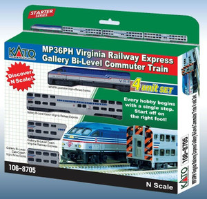 Kato ~ N Scale ~ Virginia Railway Express MP36PH l Passenger Train Set With DCC ~ 106-8705-DCC