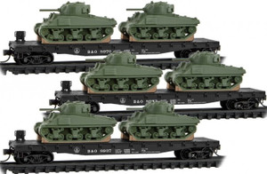 Micro Trains ~ N Scale ~ B&O Baltimore & Ohio ~ 50' Fishbelly Flat Car With Sherman Tanks ~ 3 Pack ~ 99302218
