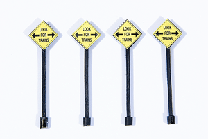 JL Innovative Design ~ HO Scale ~ Custom Railroad Right-of-Way Signs ~ Look for Trains ~ pkg(4) ~ 855