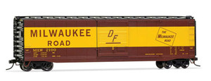 Rivarossi ~ HO Scale ~ 50' Sliding-Door Boxcar with Roofwalk ~ Ready to Run ~ Milwaukee Road #2104 (Boxcar Red, yellow, black; Large Lettering) ~ 635-HR6584B