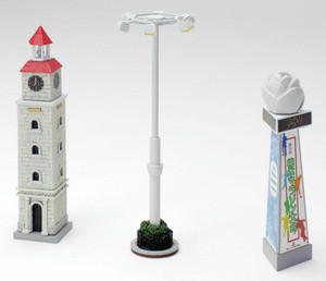 TomyTec Co LTD ~ N Scale ~ Lighted Outdoor Accessories ~ 1 Each: Clock Tower, Flower Statue, Large Overhead Light ~ 738-261988