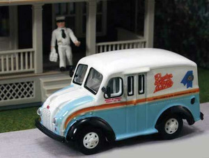 William Tell International Inc ~ HO Scale ~ Divco Milk Delivery Truck w/Milkman Figure ~ Assembled ~ Rueter Worth Dairy (blue, white, orange) ~ 780-AHM87011