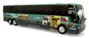 Iconic Replicas ~ HO Scale ~ Prevost X345 Motorcoach Bus ~ Assembled ~ Greyhound (Tribute to Heroes Special Scheme) ~ 870396