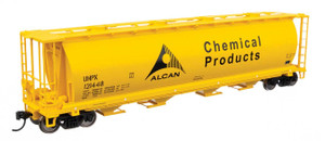 WalthersMainline ~ HO Scale ~ 59' Cylindrical Hopper ~ Ready to Run ~ Alcan UNPX #121448 (yellow, black; English & French lettering, round hatches) ~ 910-7870