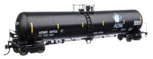 Walthers Proto ~ HO Scale ~ 55' Trinity 30,145-Gallon Tank Car ~ Ready to Run ~ Archer-Daniels-Midland ADMX #30722 (black, white, leaf logo, yellow marks) ~ 920-100621