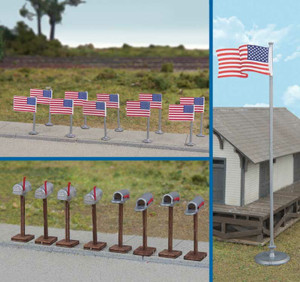Walthers SceneMaster ~ HO Scale ~ Flags (11) and Mailboxes (8) ~ American Flags (50 Stars, 1959-Present) ~ 949-4166