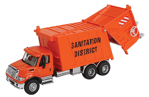 Walthers SceneMaster ~ HO Scale ~ International 7600 Garbage Truck ~ Assembled ~ Sanitation District (orange) ~ 949-11770