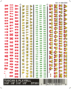 Woodland Scenics ~ Dry Transfer Decal ~ Alphabet & Number Sets ~ Tuscan & Playbill Type Faces (3/16 & 1/8"; Red, Green, Yellow, 2-Tone) ~ DT501