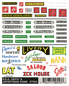 Woodland Scenics ~ Dry Transfer Decals ~ Depot, REA & Advertising Signs ~ DT553