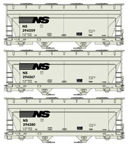 Accurail ~ HO Scale ~ ACF 2-Bay Covered Hopper ~ 3-Pack ~ Kit ~ Norfolk Southern #294259, 294267, 294280 (gray, black) ~ 8167