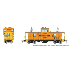Rapido ~ N Scale ~ Angus Shops Wide Vision Caboose with Lights ~ Ready to Run ~ Milwaukee Road #992300 (orange, black, yellow) ~ 510031