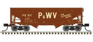 Atlas N Scale ~ 2-Bay Offset-Side Hopper with Flat Ends & Load ~ Ready to Run ~ Master ~ Pittsburgh & West Virginia 137 (Boxcar Red, tan) ~ 50006143