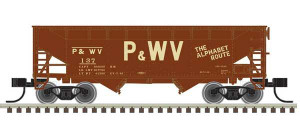 Atlas ~ N Scale ~ 2-Bay Offset-Side Hopper with Flat Ends & Load ~ Ready to Run ~ Master ~ Pittsburgh & West Virginia 154 (Boxcar Red, tan) ~ 50006144