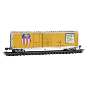 Micro Trains ~ N Scale ~ 50' Combination Plug and Sliding Door Boxcar ~ Ready to Run ~ Union Pacific #165284 (Armour Yellow, silver, Large Sheld, Automated Railway) ~ 03300611
