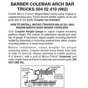 Micro Trains ~ Nn3 Scale ~ Barber Coleman Arch Bar Trucks ~ No Couplers ~ 1 Pair ~ 00402410